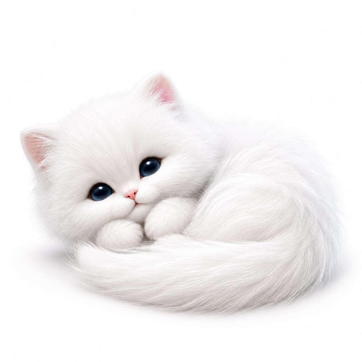 蜷成一团的雪白长毛小猫，清亮的小眼睛，蓬松尾巴围在身前